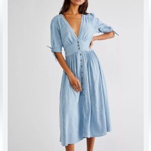 Free People love of my life blue midi dress button tie sleeves- size medium